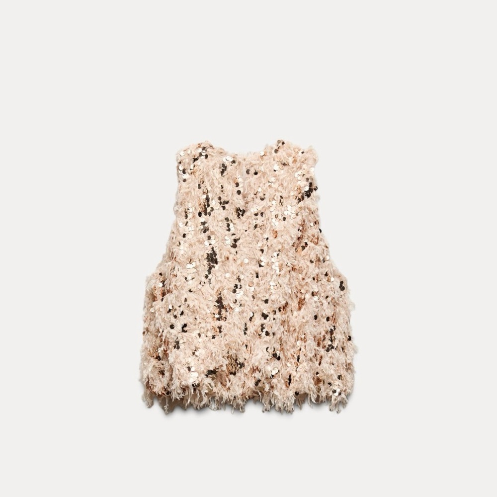Zara Cream Crop Top with Sequins. FRAYED SEQUIN TOP